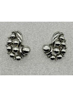 Vintage Coro Clip-On With Screw Adjustment Earrings Silver-Tone Spheres Clusters